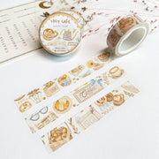 Premium Handmade Washi Tape Cozy Cafe 15mm x 10m - 3 washi tapes on the table with a flower branch