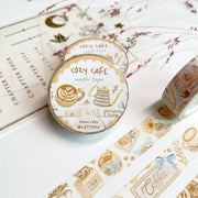 Premium Handmade Washi Tape Cozy Cafe 15mm x 10m - 3 washi tapes on the table with a pink flower branch and chapter sticker sheets