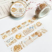 Premium Handmade Washi Tape Cozy Cafe 15mm x 10m - 3 washi tapes on the table with a pink flower branch and chapter sticker sheets