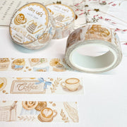Premium Handmade Washi Tape Cozy Cafe 15mm x 10m - 3 washi tapes on the table with a pink flower branch and chapter sticker sheets