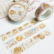 Premium Handmade Washi Tape Cozy Cafe 15mm x 10m - 3 washi tapes on the table with a pink flower branch and chapter sticker sheets