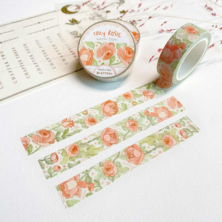 Premium Handmade Washi Tape Cozy Rosie 15mm x 10m - 3 pieces and 3 washi tapes on the table with a pink flower branch and chapter sheet