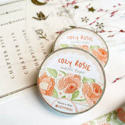 Premium Handmade Washi Tape Cozy Rosie 15mm x 10m - 2 washi tapes on the table with a pink flower branch and chapter sheet