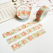 Premium Handmade Washi Tape Cozy Rosie 15mm x 10m - 3 pieces and 3 washi tapes on the table with a pink flower branch and chapter sheet
