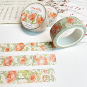 Premium Handmade Washi Tape Cozy Rosie 15mm x 10m - 3 pieces and 3 washi tapes on the table with a pink flower branch and chapter sheet
