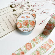 Premium Handmade Washi Tape Cozy Rosie 15mm x 10m - 3 pieces and 3 washi tapes on the table with a pink flower branch and chapter sheet
