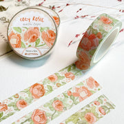 Premium Handmade Washi Tape Cozy Rosie 15mm x 10m - 3 pieces and 3 washi tapes on the table with a pink flower branch and chapter sheet