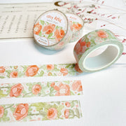 Premium Handmade Washi Tape Cozy Rosie 15mm x 10m - 3 pieces and 3 washi tapes on the table with a pink flower branch and chapter sheet