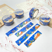 Premium Handmade Washi Tape Cozy Winter 20mm x 10m - 4 pieces and 4 washi tapes on the table with 2 dark maroon flower branches, a sticker sheet, a chapter heading, a notebook