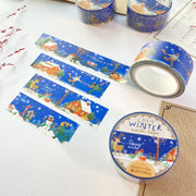Premium Handmade Washi Tape Cozy Winter 20mm x 10m - 4 pieces and 4 washi tapes on the table with a dark maroon flower branch, a chapter heading