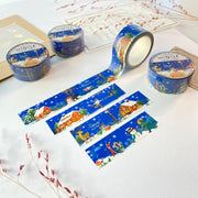 Premium Handmade Washi Tape Cozy Winter 20mm x 10m - 4 pieces and 4 washi tapes on the table with 2 dark maroon flower branches, a sticker sheet, a chapter heading, a notebook