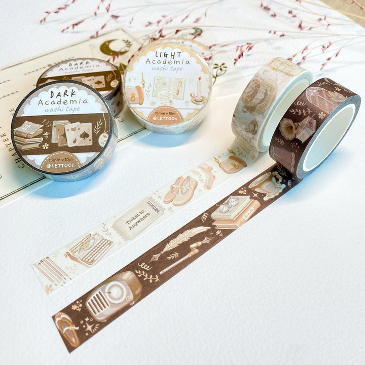 Premium Handmade Washi Tape Dark Light Academia 15mm x 10m - 2 pieces and 6 washi tapes on the table with a pink flower branch and chapter sheet