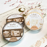 Premium Handmade Washi Tape Dark Light Academia 15mm x 10m - 4 washi tapes on the table with a pink flower branch and chapter sheet