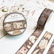 Premium Handmade Washi Tape Dark Light Academia 15mm x 10m - 3 pieces and 3 washi tapes on the table with a pink flower branch and chapter sheet