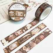 Premium Handmade Washi Tape Dark Light Academia 15mm x 10m - 3 pieces and 3 washi tapes on the table with a pink flower branch and chapter sheet