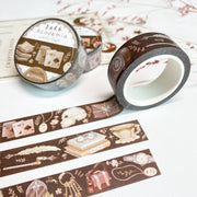 Premium Handmade Washi Tape Dark Light Academia 15mm x 10m - 3 pieces and 3 washi tapes on the table with a pink flower branch and chapter sheet