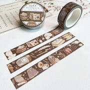 Premium Handmade Washi Tape Dark Light Academia 15mm x 10m - 3 pieces and 2 washi tapes on the table with a pink flower branch and chapter sheet