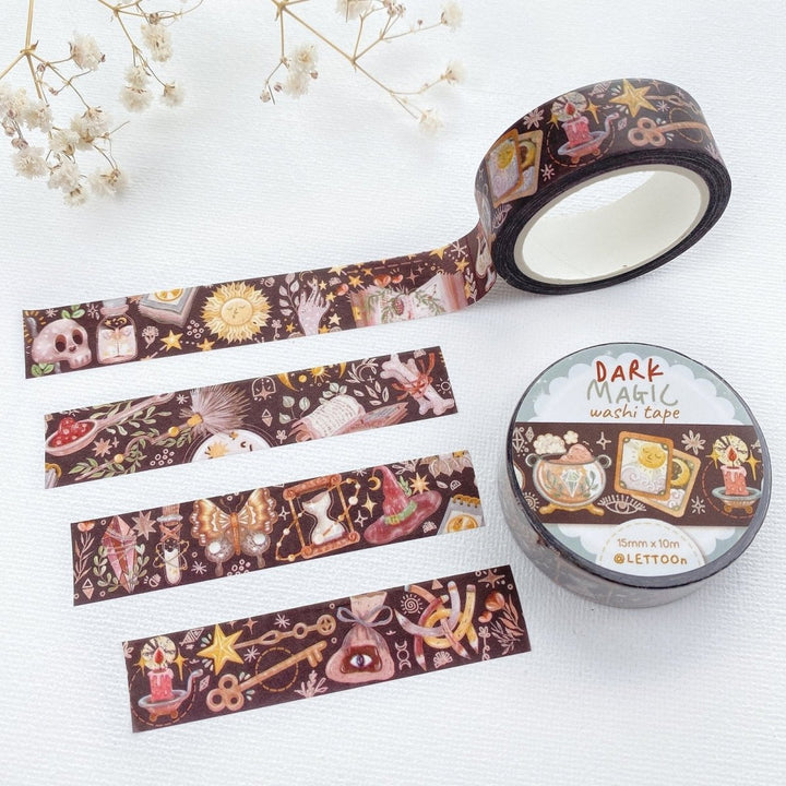 Premium Handmade Washi Tape Dark Magic 15mm x 10m - 2 washi tapes on the table with a flower branch
