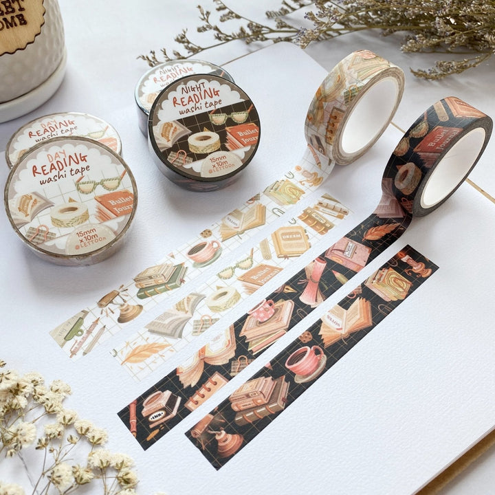 Premium Handmade Washi Tape Day & Night Reading 15mm x 10m - 4 pieces and 6 washi tapes on the table with 2 white flower branches