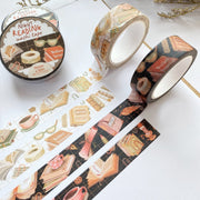 Premium Handmade Washi Tape Day & Night Reading 15mm x 10m - 4 pieces and 4 washi tapes on the table with a white flower branch