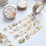 Premium Handmade Washi Tape Day & Night Reading 15mm x 10m - 4 pieces and 4 washi tapes on the table with a white flower branch