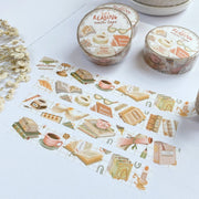Premium Handmade Washi Tape Day & Night Reading 15mm x 10m - 4 pieces and 3 washi tapes on the table with a white flower branch