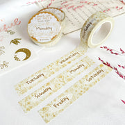 Premium Handmade Washi Tape Days of The Week 15mm x 10m - 3 pieces and 3 washi tapes on the table with 2 pink flower branches, a heading chapter, a sticker sheet