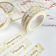 Premium Handmade Washi Tape Days of The Week 15mm x 10m - 3 pieces and 3 washi tapes on the table with a pink flower branch, a heading chapter