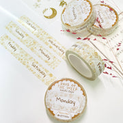 Premium Handmade Washi Tape Days of The Week 15mm x 10m - 3 pieces and 4 washi tapes on the table with a pink flower branch, a heading chapter, a sticker sheet