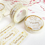 Premium Handmade Washi Tape Days of The Week 15mm x 10m - 3 pieces and 3 washi tapes on the table with a pink flower branch, a heading chapter