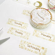Premium Handmade Washi Tape Days of The Week 15mm x 10m - 6 pieces and 2 washi tapes on the table with a pink flower branch, a heading chapter, a sticker sheet