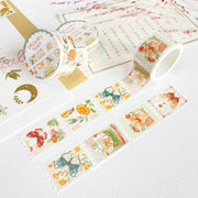 Premium Handmade Washi Tape Dreamy Stamp 25mm x 5m - 2 pieces and 3 washi tapes on the table with a pink flower branch, a heading chapter, a notebook, a sticker sheet