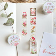 Premium Handmade Washi Tape Floral Stamps 25mm x 5m - 3 pieces and 4 washi tapes on the table with a pink flower branch, a heading chapter
