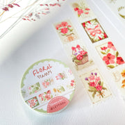 Premium Handmade Washi Tape Floral Stamps 25mm x 5m - 2 pieces and a washi tape on the table with a pink flower branch