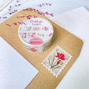 Premium Handmade Washi Tape Floral Stamps 25mm x 5m - a piece and a washi tape on the table with a pink flower branch, a envelope