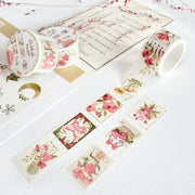 Premium Handmade Washi Tape Floral Stamps 25mm x 5m - 2 pieces and 4 washi tapes on the table with a pink flower branch, a heading chapter
