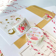 Premium Handmade Washi Tape Floral Stamps 25mm x 5m - 2 washi tapes on the table with 2 pink flower branches, a heading chapter, an envelope