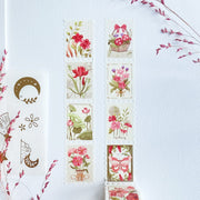 Premium Handmade Washi Tape Floral Stamps 25mm x 5m - 2 pieces  on the table with 2 pink flower branches, a sticker sheet