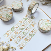 Premium Handmade Washi Tape Flower Grid 15mm x 10m - 4 pieces and 5 washi tapes on the table with 2 white flower branches