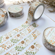Premium Handmade Washi Tape Flower Grid 15mm x 10m - 4 pieces and 5 washi tapes on the table with a white flower branch
