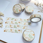 Premium Handmade Washi Tape Flower Grid 15mm x 10m - 4 pieces and 5 washi tapes on the table with 2 white flower branches