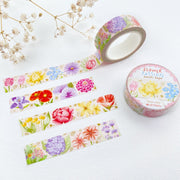 Premium Handmade Washi Tape Flower Passion 15mm x 10m - 3 pieces and 2 washi tapes on the table with a white flower branch 