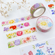 Premium Handmade Washi Tape Flower Passion 15mm x 10m - 2 washi tapes on the table with a white flower branch and flower power sticker sheets