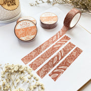 Premium Handmade Washi Tape Flower Pattern 15mm x 10m - 4 pieces and 4 washi tapes on the table with 2 white flower branches, a cup of tea