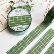 Premium Handmade Washi Tape Forest Grid 15mm x 10m - 3 pieces and 3 washi tapes on the table with a pink flower branch, a heading chapter