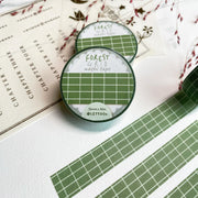 Premium Handmade Washi Tape Forest Grid 15mm x 10m - 3 pieces and 3 washi tapes on the table with a pink flower branch, a heading chapter