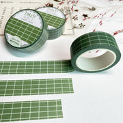 Premium Handmade Washi Tape Forest Grid 15mm x 10m - 3 pieces and 3 washi tapes on the table with a pink flower branch, a heading chapter