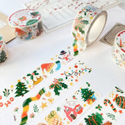 Premium Handmade Washi Tape Happy Holidays 20mm x 10m - 4 pieces and 4 washi tapes on the table with a dark maroon flower branch, a sticker sheet, a chapter heading