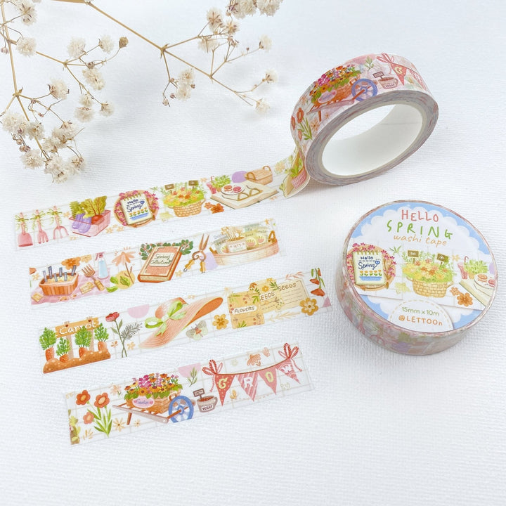 Premium Handmade Washi Tape Hello Spring 15mm x 10m - 3 pieces and 2 washi tapes on the table with a white flower branch