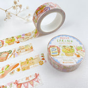Premium Handmade Washi Tape Hello Spring 15mm x 10m - 3 pieces and 2 washi tapes on the table with a white flower branch